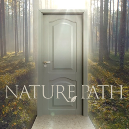 An illuminated light blue door in the middle of an ethereal forest with the words “NATURE PATH” under the door handle