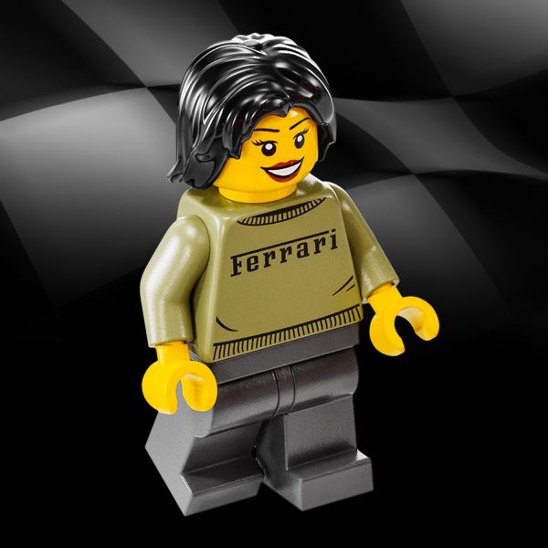 Minifigure wears a Ferrari outfit for race action.