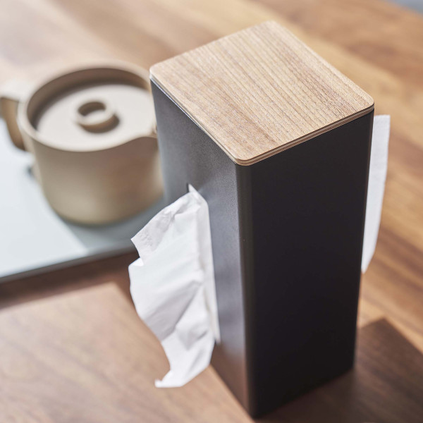 Yamazaki Home Two-Sided Tissue Case, Black, Steel + Wood
