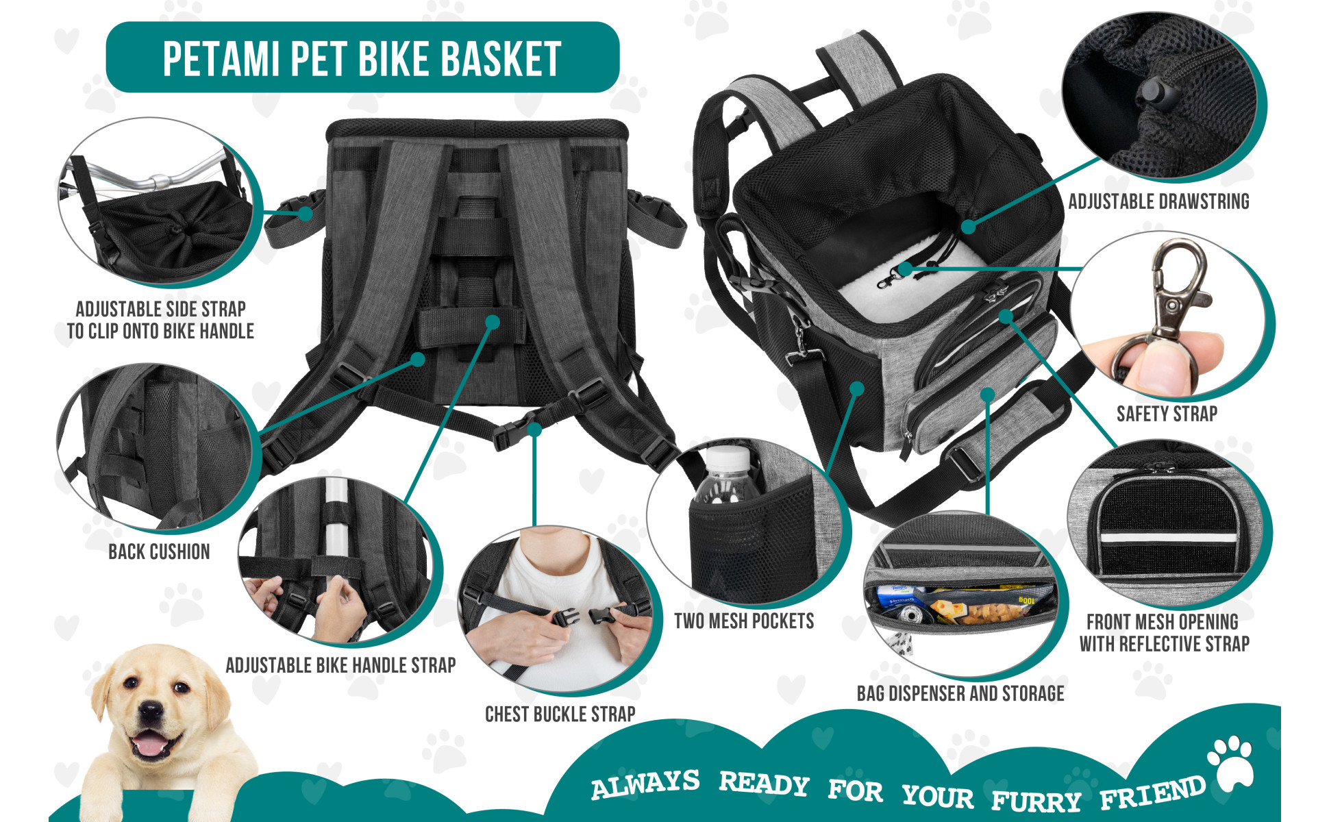 PetAmi Dog Bike Basket, Soft-sided Ventilated Dog Bike Carrier