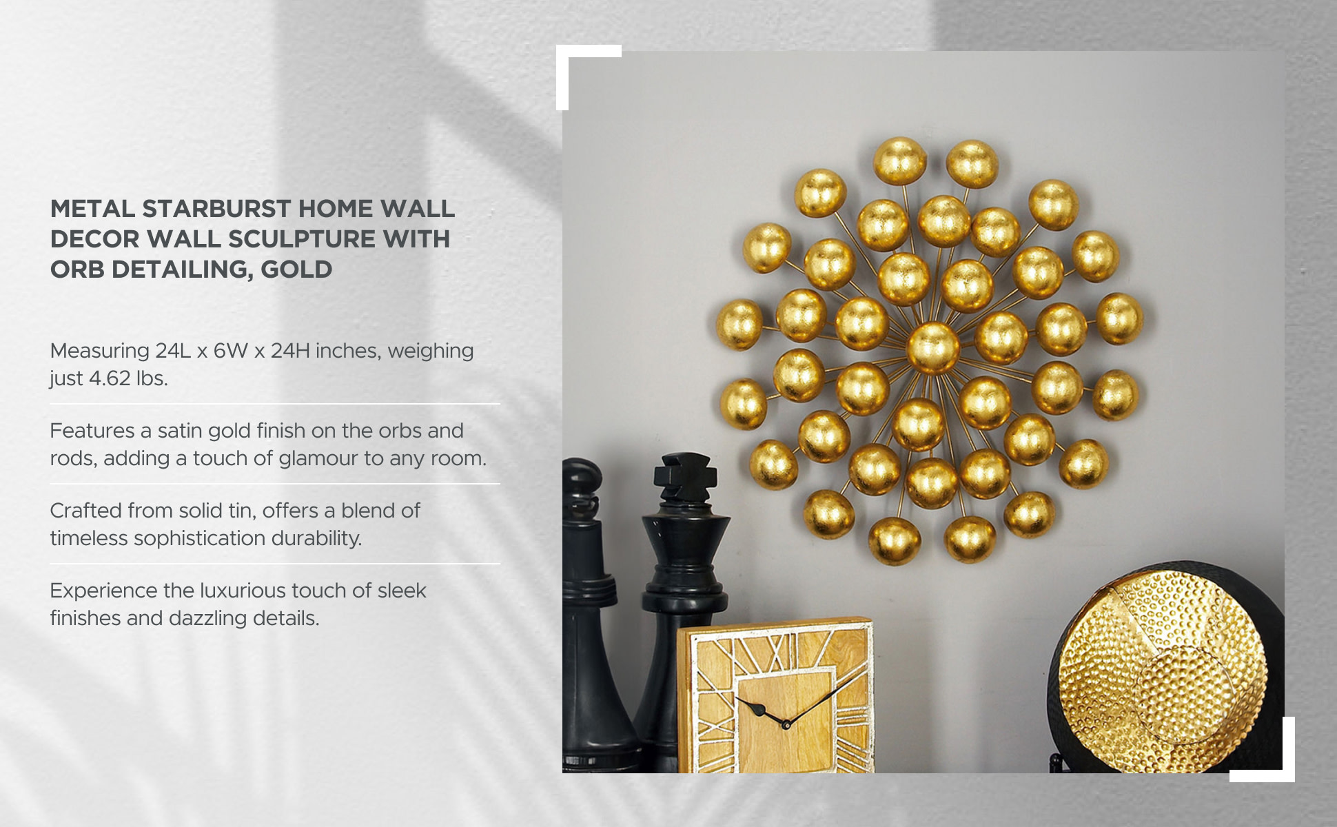 Litton Lane 24 in. x 24 in. Metal Gold Starburst Wall Decor with