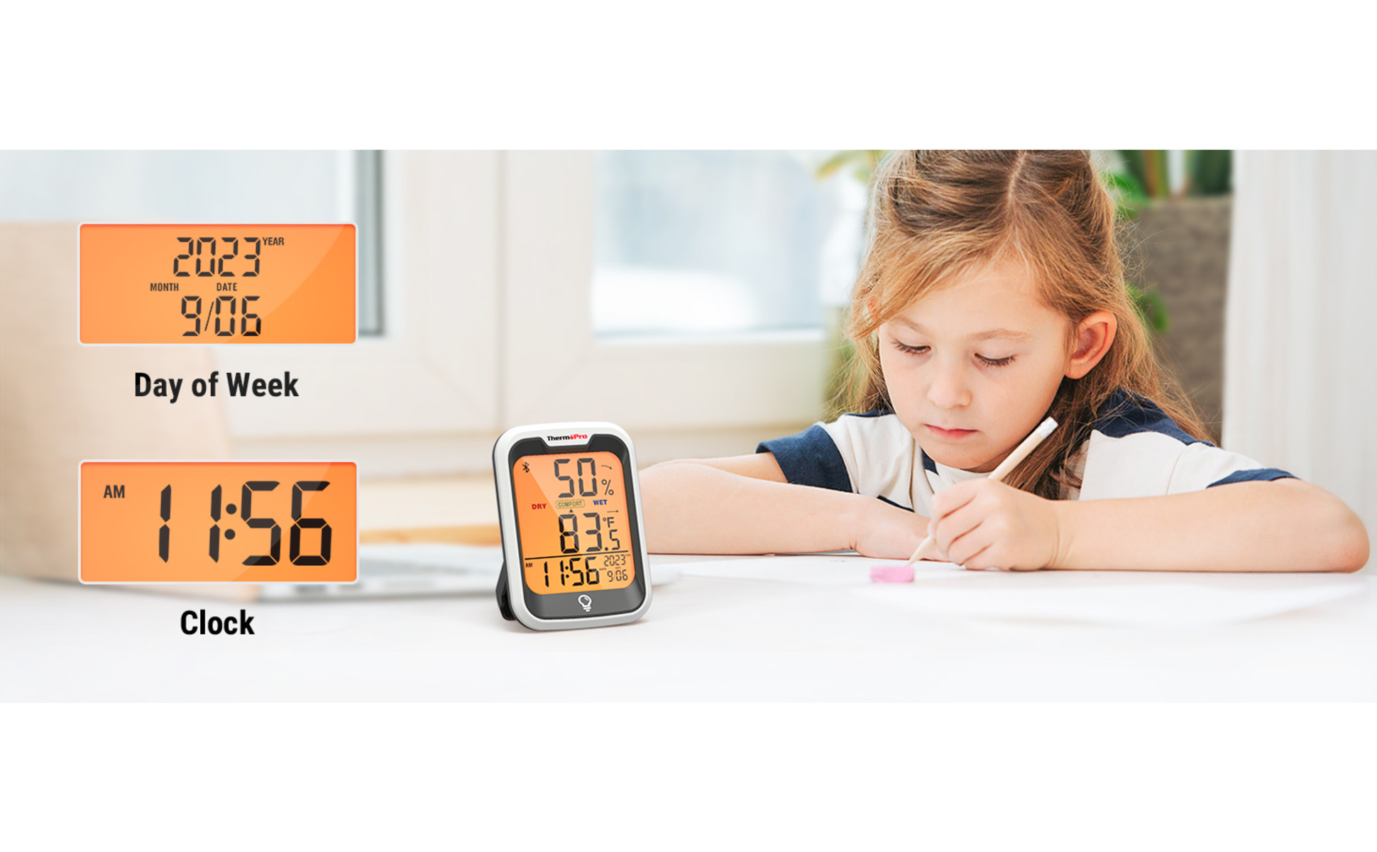 Thermopro TP358 Termometro Igrometro Bluetooth - Con Orologio E App, 80m Range, Per Interni E Serra