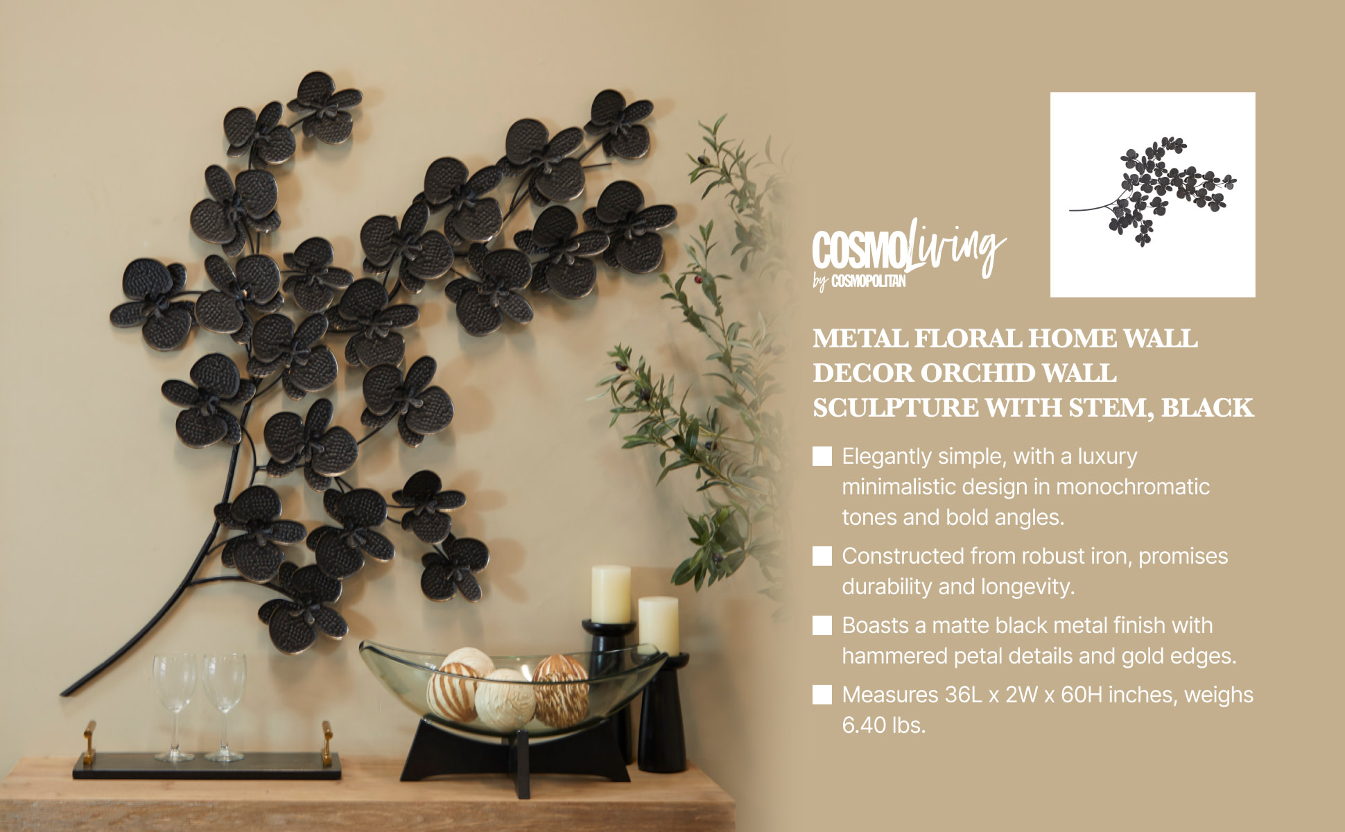 CosmoLiving by Cosmopolitan 36 in. x 60 in. Metal Black Orchid