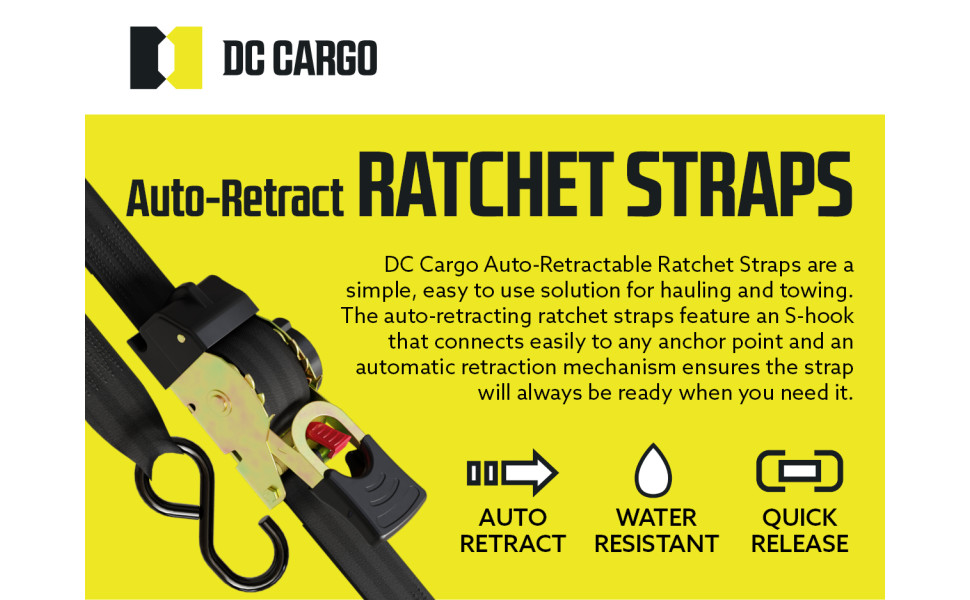 DC Cargo Bolt-on Auto Retractable Ratchet Straps - (2 Pack) 2 Inch x 5.5 Ft  - 1,333 lbs Break Strength - Retractable Ratchet Tie Down Straps for