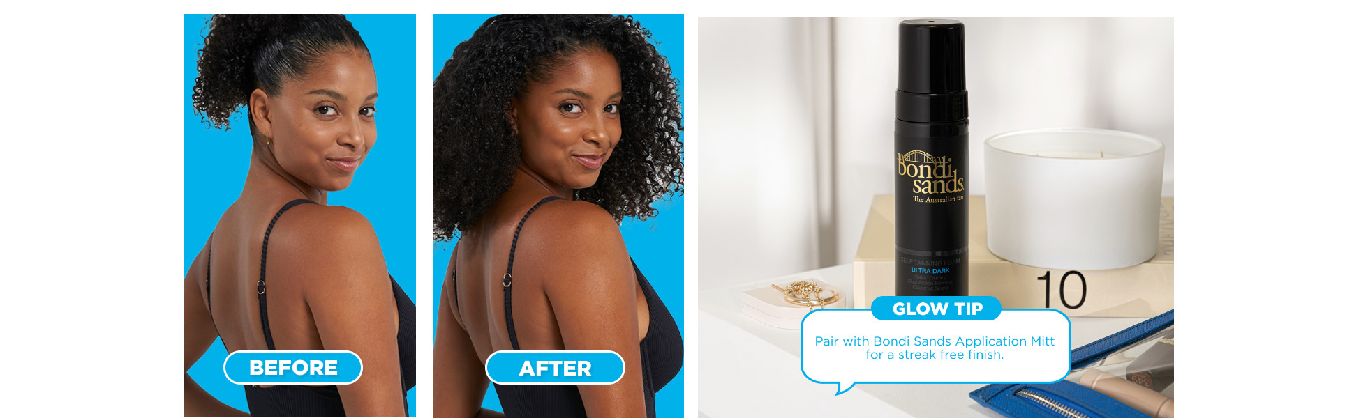 Before after image of a woman using Ulta Dark Bondi Sands Self Tanning Foam.