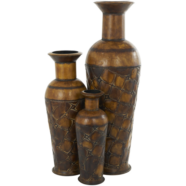 DecMode Metal Rustic Cylinder Urn Vase Set of 3 50, 35, 26H,  Cracked-Scale Exterior Pattern with Polished Earth Brown Finish