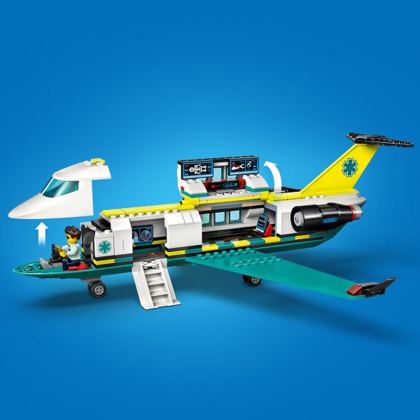 Twin-engine airplane with fold-down boarding stairs.