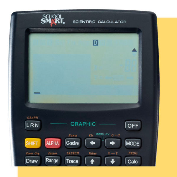 Detailed view of graphing calculator screen and function keys.