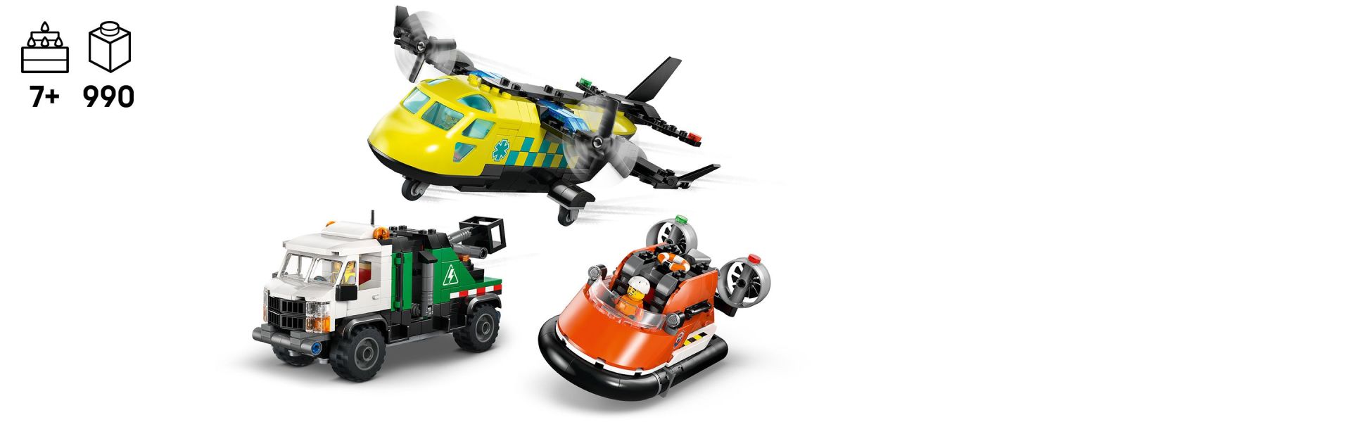 Kids can mix and match a medical aircraft, a coast guard hovercraft and a service truck to create unique emergency vehicles.