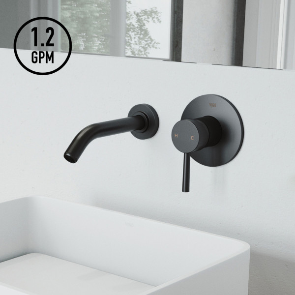 Vigo VGT995 Jasmine Matte Stone Vessel Bathroom Sink Set with Olus Wall Mount Faucet in Matte Black