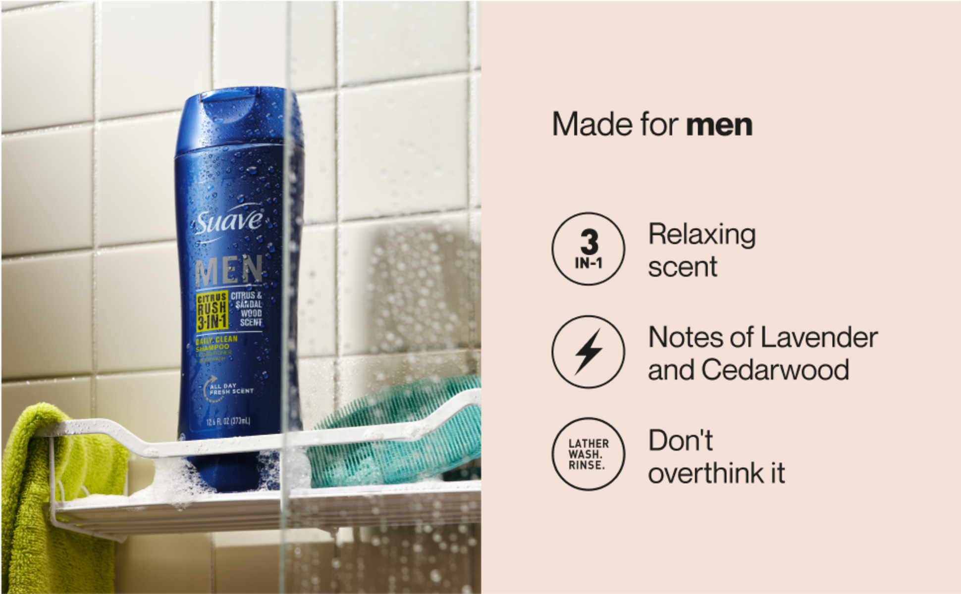 Citrus Rush 3-in-1 on shelf, text: Citrus sandalwood scent, for hair, face & body, simple care.