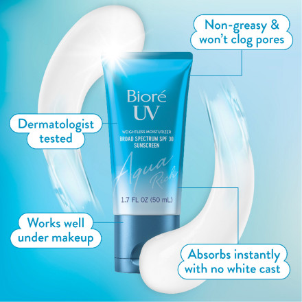Bottle of Biore UV Aqua Rich with a streak of lotion