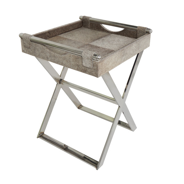 Decmode 19 inch x 25 inch Gray Leather Tray Table Inspired Geometric Accent Table with Silver Metal Base and Handles 1 Piece