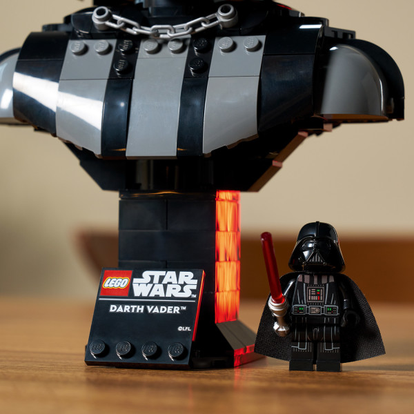 Rebuild the stand slightly and add the Darth Vader LEGO minifigure.