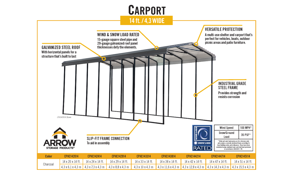 Arrow CPHC143314 14 x 33 x 14 ft. RV Carport Kit, Charcoal 