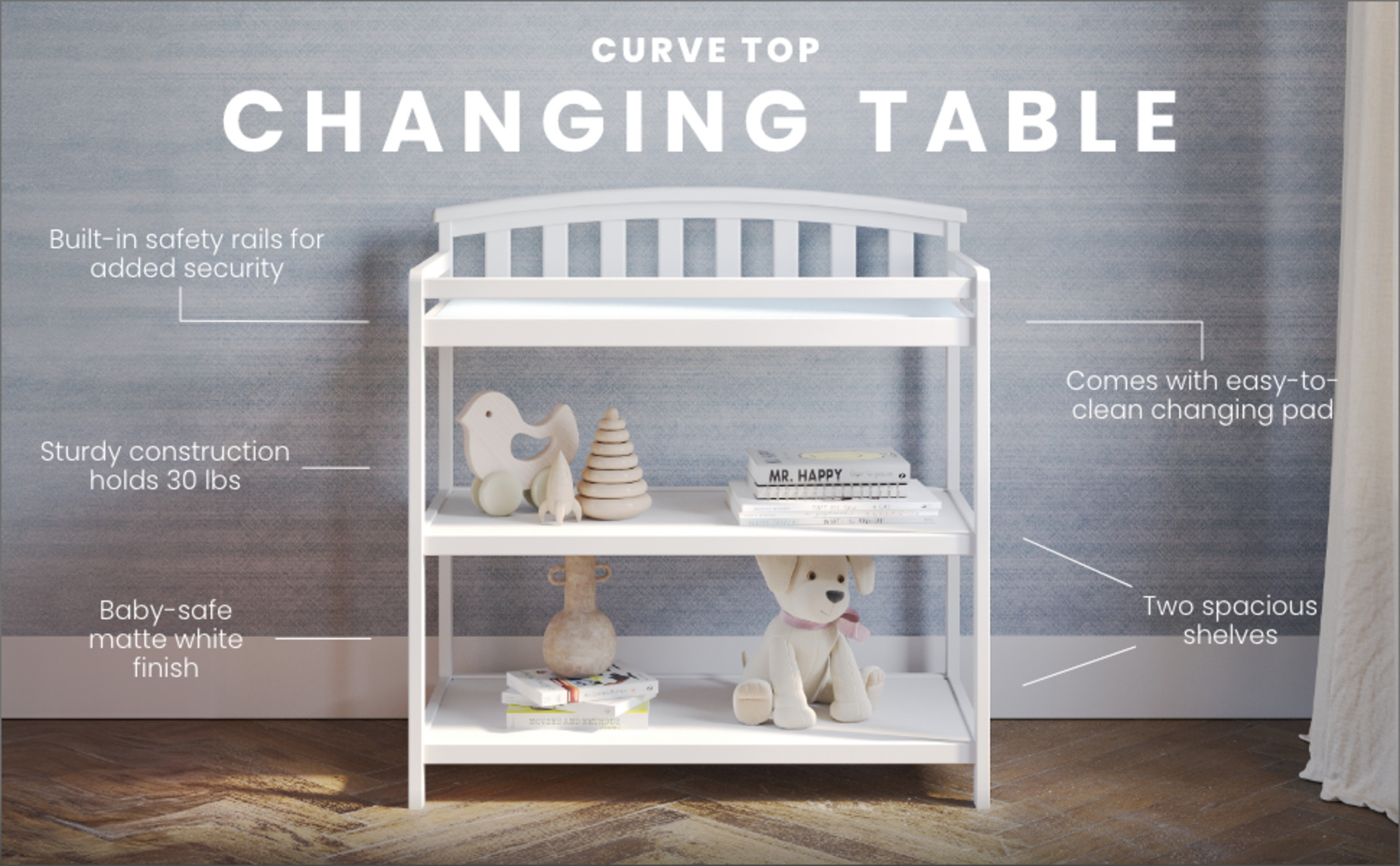 Child Craft Curve Top Changing Table with Pad & Strap, 2 Storage