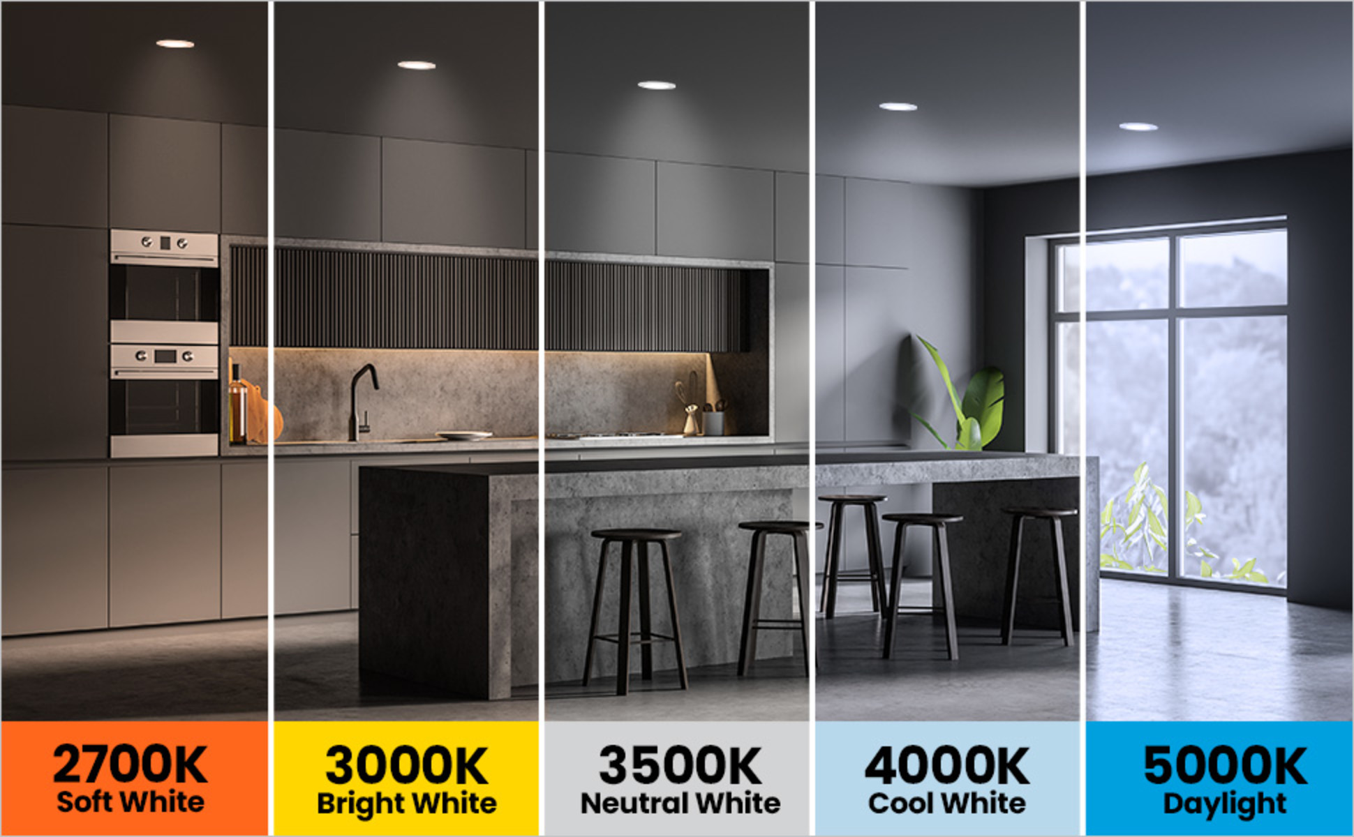 Modern kitchen with recessed lights installed with tethered j-box