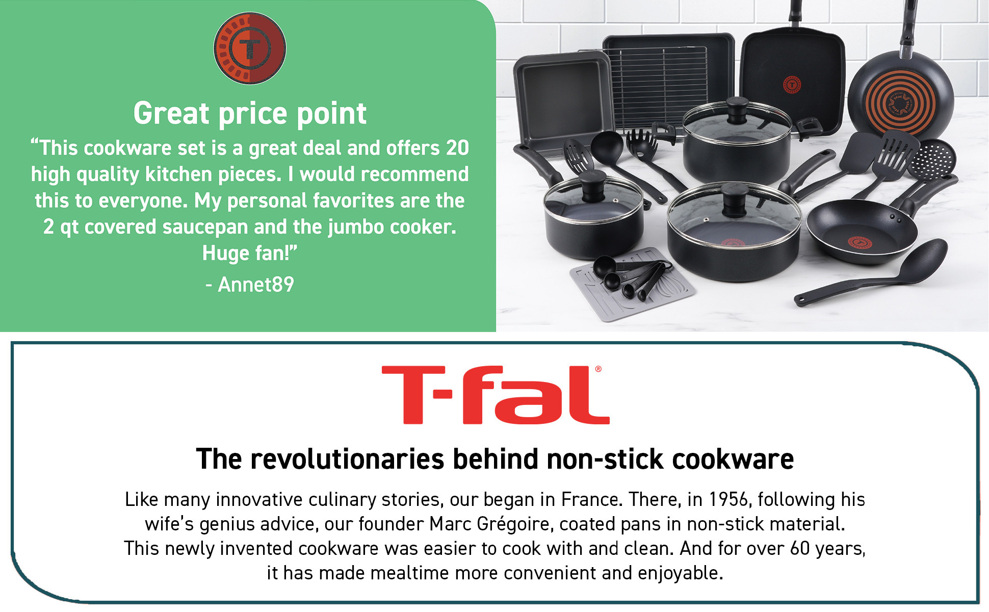 T-fal Essentials Nonstick Aluminum 20 Piece Cookware Set & Cooking