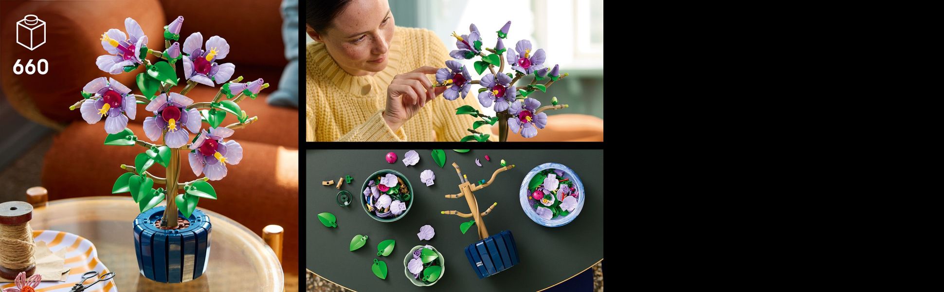 Capture the beauty of nature while building 5 large blooms, 4 flowers that are about to blossom and 2 young flower buds.