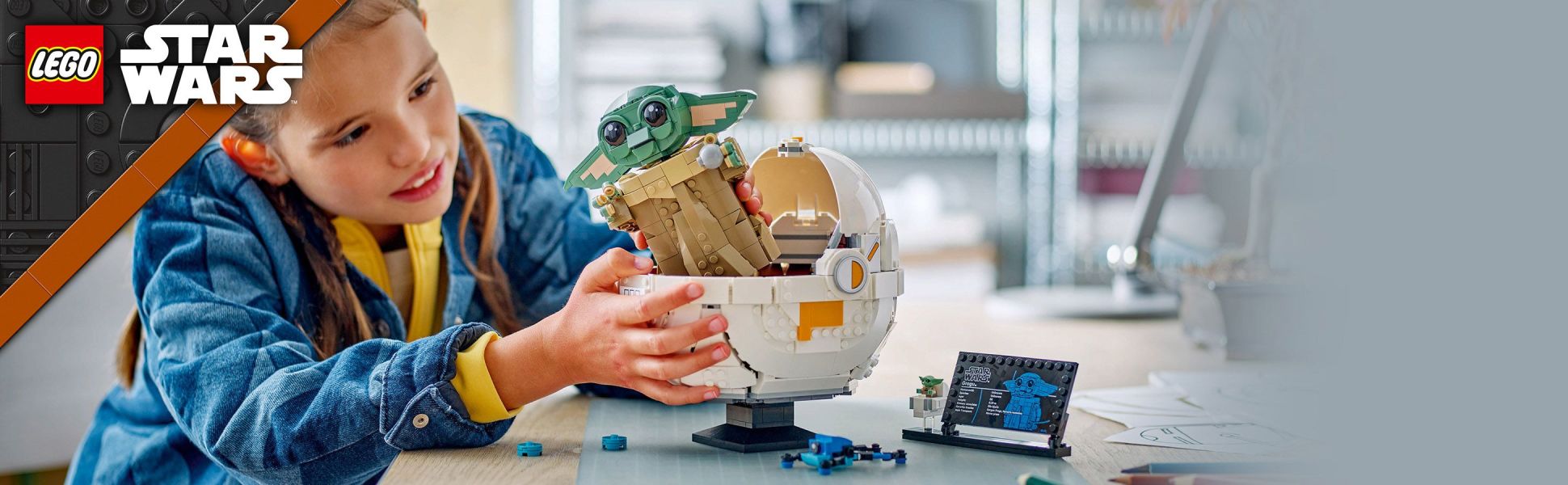 Make fans smile with this buildable LEGO Star Wars figure of Grogu in his hover pram.