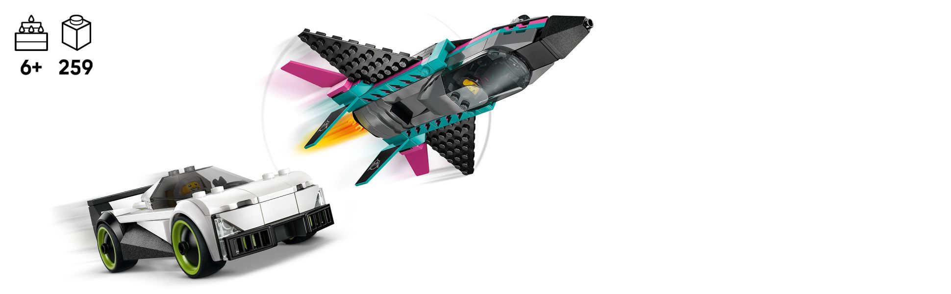 Kids get to enjoy a fun build before diving into endless hours of racing adventures with a sleek supercar and a supersonic jet.