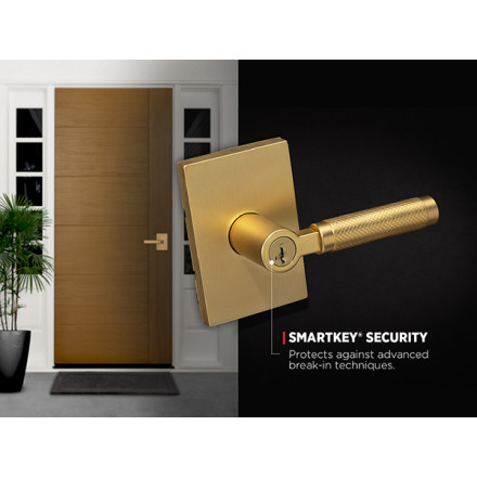 Kwikset Prava Satin Brass Keyed Entry Door Handle featuring