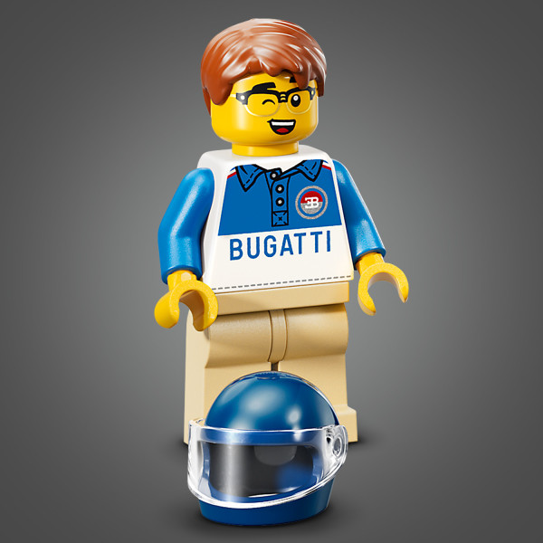 Minifigure wearing a Bugatti outfit and helmet.