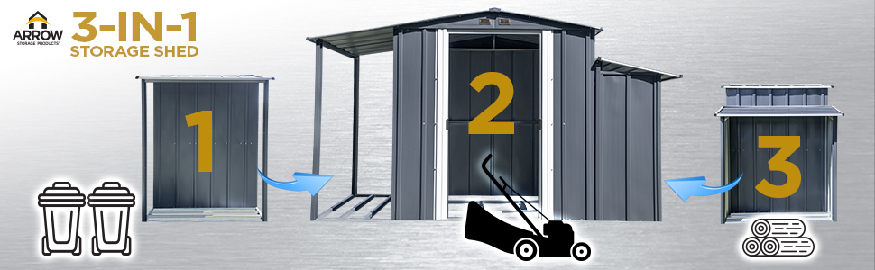 3-in-1 Storage Shed - perfect for garbage bins, lawn equipment and firewood