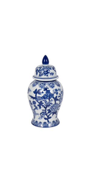 14" Temple Jar Bird/flower, Blue