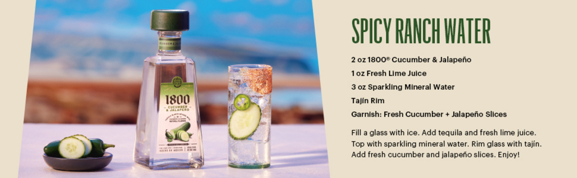 1800 Cucumber & Jalapeño Tequila, 750 ml Glass Bottle, 35% ABV
