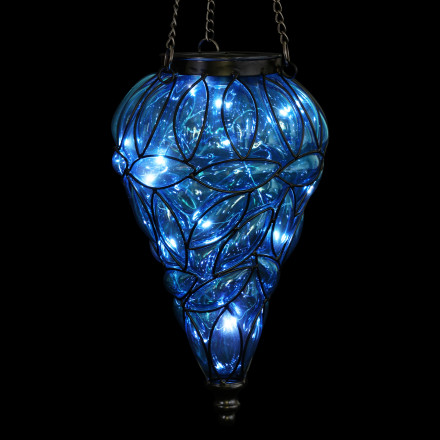 Exhart Solar Hanging Lantern, Handblown Blue Glass – Round Hanging Lantern  Light w/ 12 LED Firefly String Lights, Metal & Glass Lantern Decorative Orb