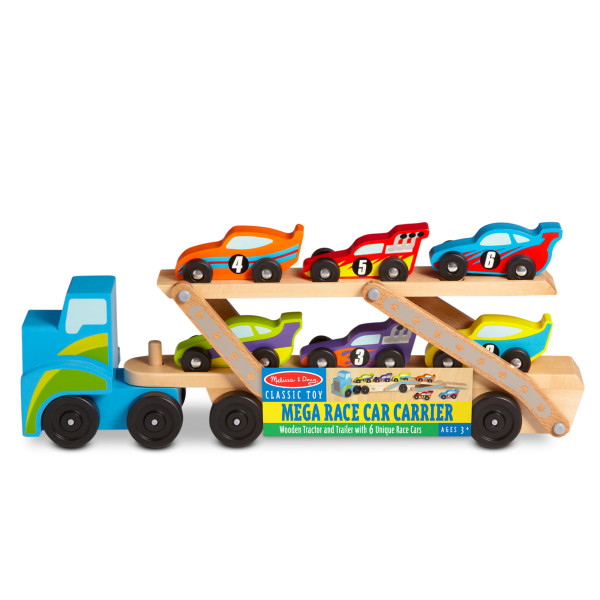 Melissa & Doug Mega Race-Car Carrier - Wooden Tractor and Trailer