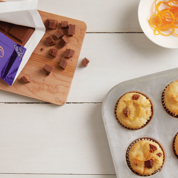 Cadbury Dairy Milk candy chopped and placed in chocolate orange muffins