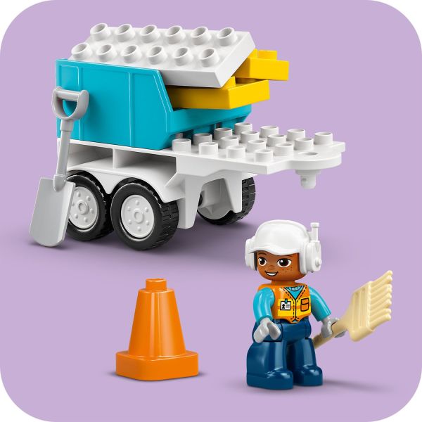 Includes a paint brush, shovel and cone.