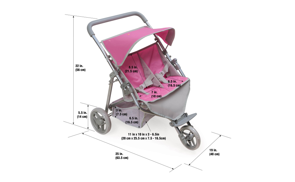 Double Baby Playwell Double Doll Stroller Badger Basket Trek 3-Wheel  Folding Twin Doll Jogging Stroller