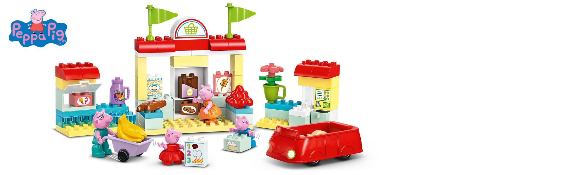 Preschoolers drive in the Pigs’ iconic car to a store that’s filled with cute toy features they’ll recognize from real life.