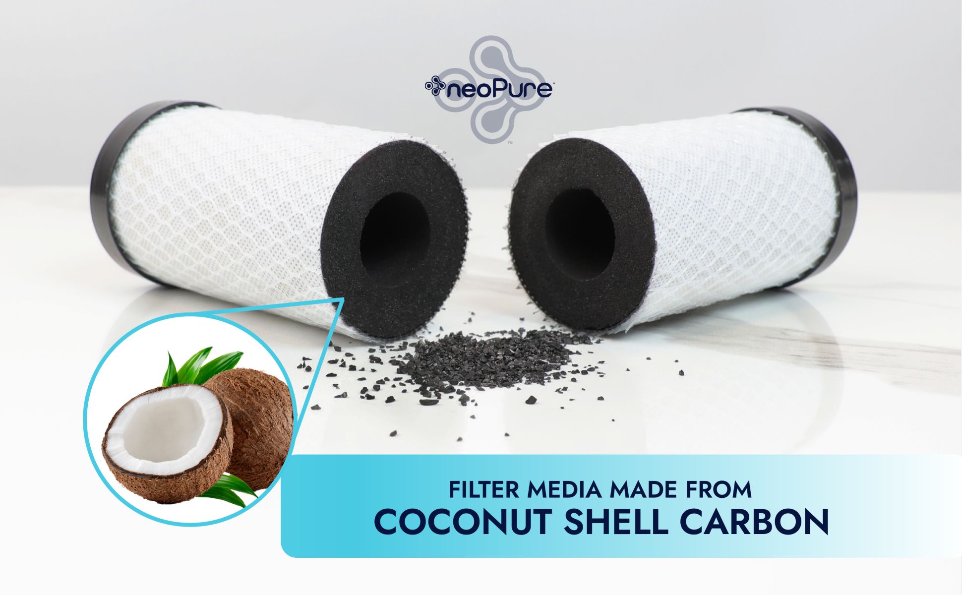 NeoPure Carbon Filters are made from charred coconut shell husks. Coconut shell is a cleaner alternative to black carbon is one of the most efficient filtration methods. Carbon contains more surface area than a football field.