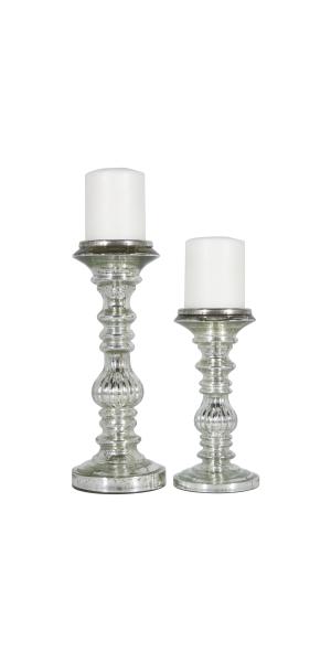 Silver Metal  Handmade Turned Style Pillar Candle Holder, Set of 2 9", 12"H