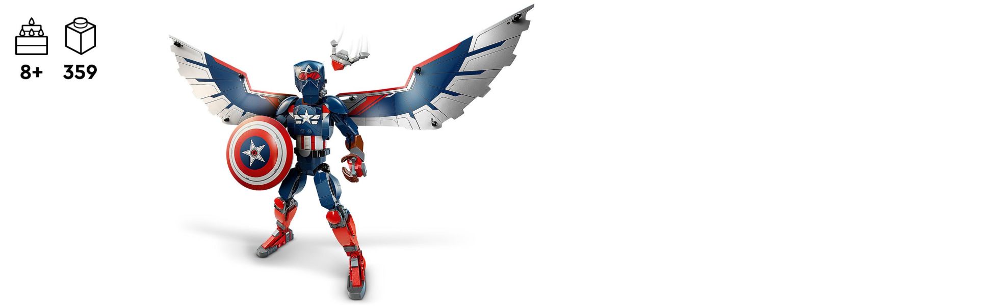 The winged Captain America construction figure carries his iconic shield and has a detachable Redwing drone fixed to his back.