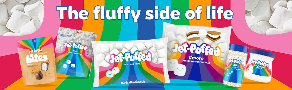 Photos of different Jet-Puffed packaging and text that reads slogan "The fluffy side of life"