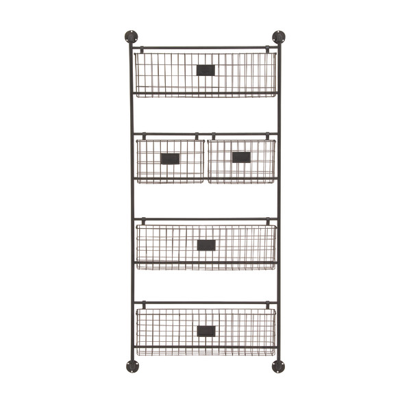 Industrial Wall Organizer with Two Label Slot Wire Bins & Five Hooks