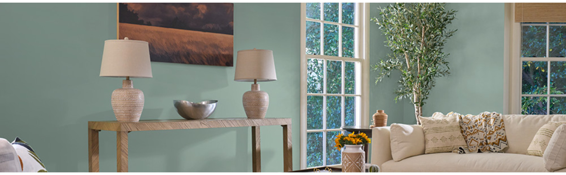 5 gal. #M410-2 Wishful Green Semi-Gloss Enamel Low Odor Interior Paint \u0026 Primer, image size:1940x600