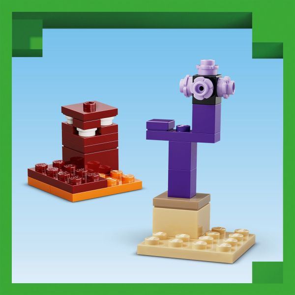Minifigures pass through portals to access small builds for each biome.