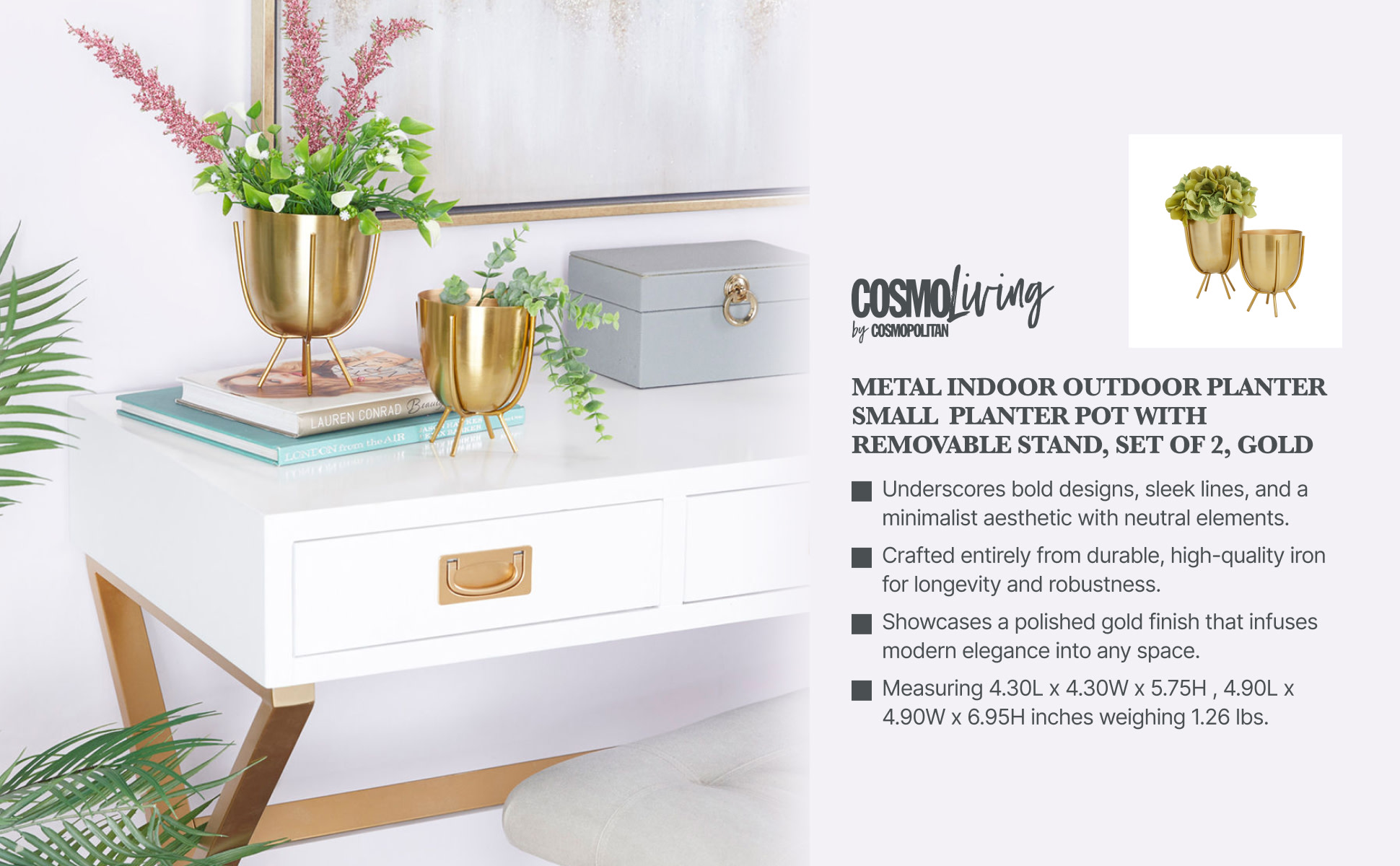 Main + Mesa – Set Di 2 Vasi In Metallo Con Rilievi, Bianco E Oro, Con Supporto, Stile Boho