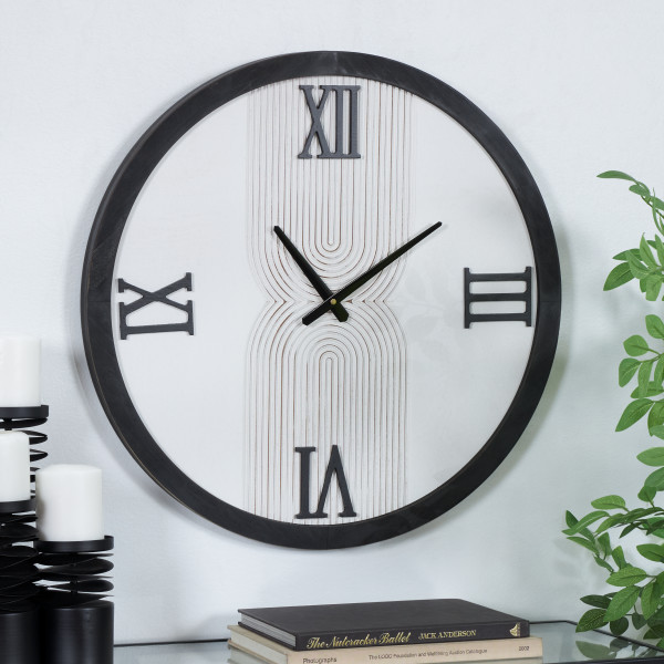 The Novogratz 24in White Art Deco Wall Clock with Black