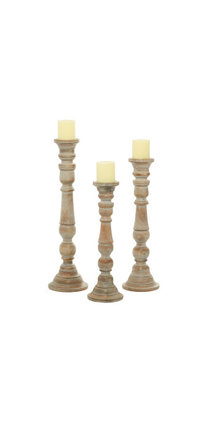 Deco 79 Mango Wood Solid Candle Holder, Set of 3 24, 21, 18H, Brown