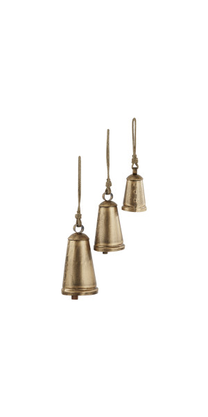 DecMode Gold Metal Tibetan Inspired Decorative Hanging Bell Chime Set of 3  5, 4, 3H, Features a Round Shape with Solid Pattern and Metal Clappers 