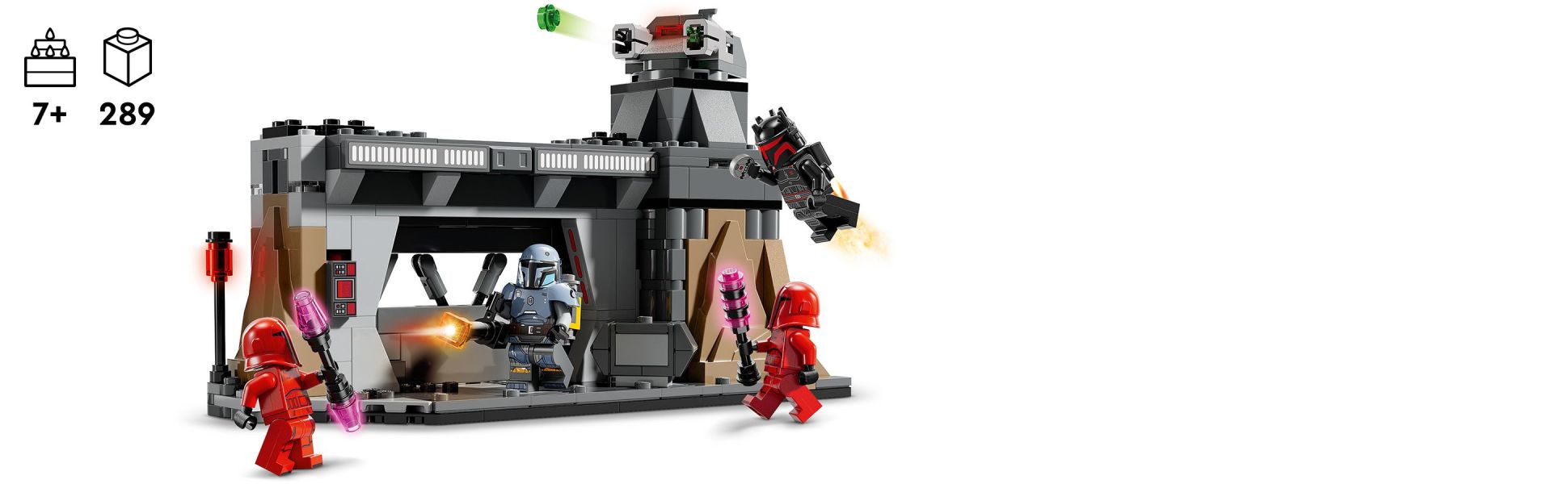 Help Paz Vizsla defend the LEGO brick-built Mandalorian underground base from Moff Gideon and his Praetorian Guards.