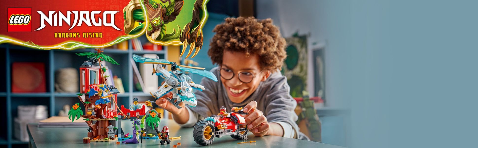 This action-packed toy playset comes packed with a 3-story tree house, a helicopter toy, a ninja race car toy and 6 minifigures.
