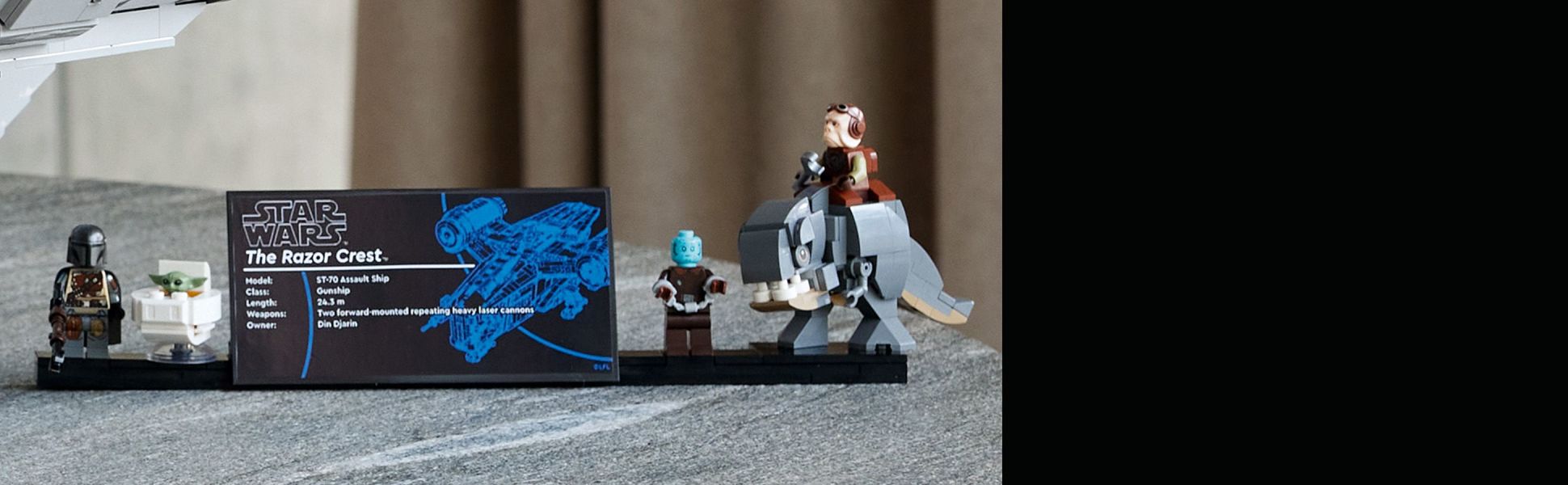 Put The Mandalorian, The Mythrol and Kuiil LEGO minifigures, Grogu LEGO figure and buildable LEGO Blurrg figure on the stand.